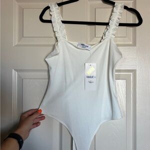 White Ribbed Bodysuit with Ruffle Straps